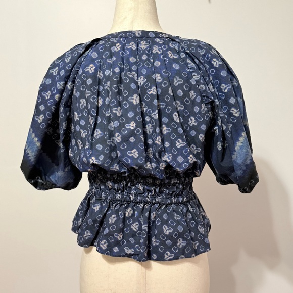 ❤️ Ulla Johnson Navy Blue Patterned Blouse | Small | Puff Sleeve & Waist Details - Picture 6 of 6